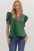 Green v neck puff sleeve top with plaid trim on neck and sleeves