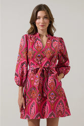 Pink v neck 3/4 sleeve dress with pockets and tie around waist 