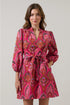 Pink v neck 3/4 sleeve dress with pockets and tie around waist 