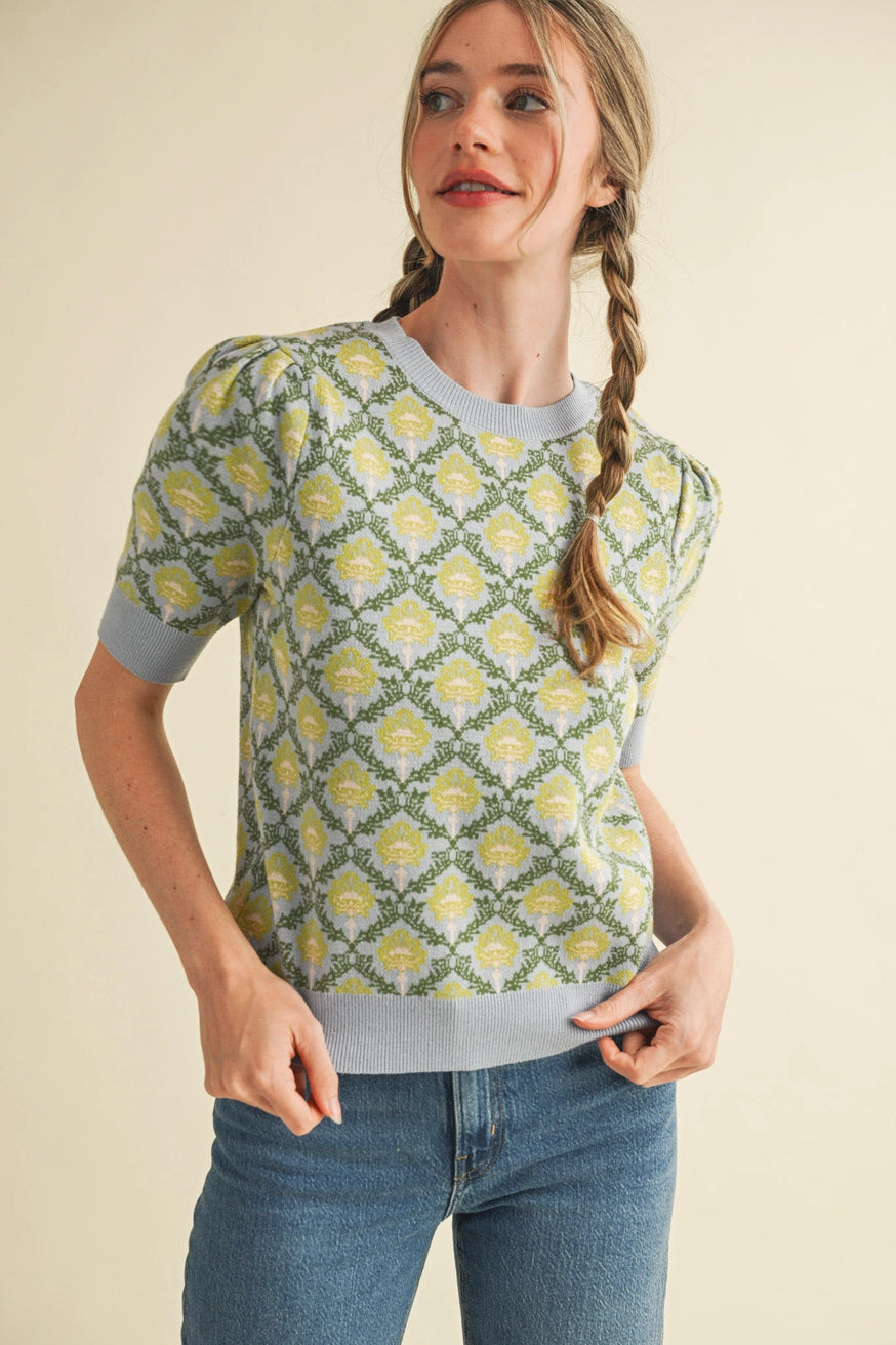Light blue sage multicolor print top 