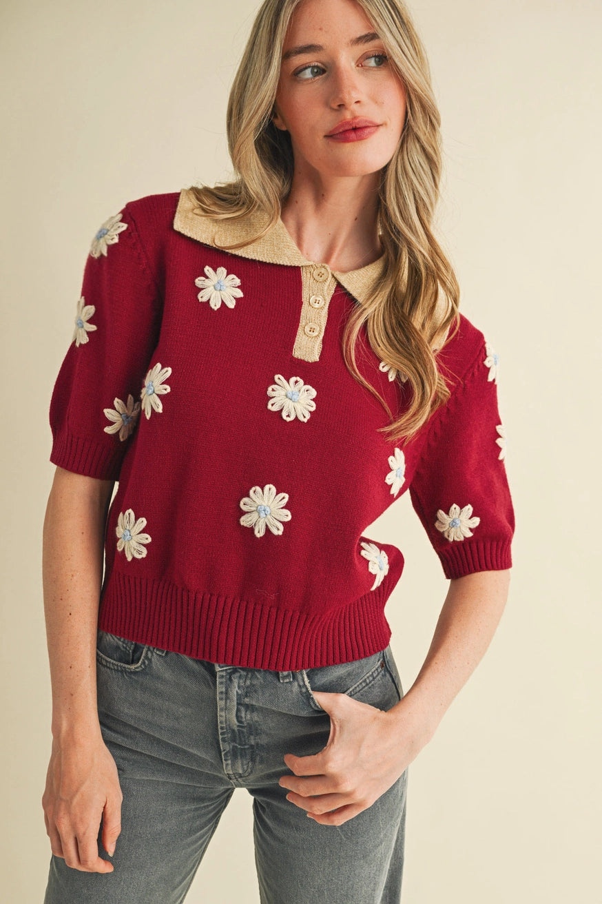 Burgundy collared button top with flowers 