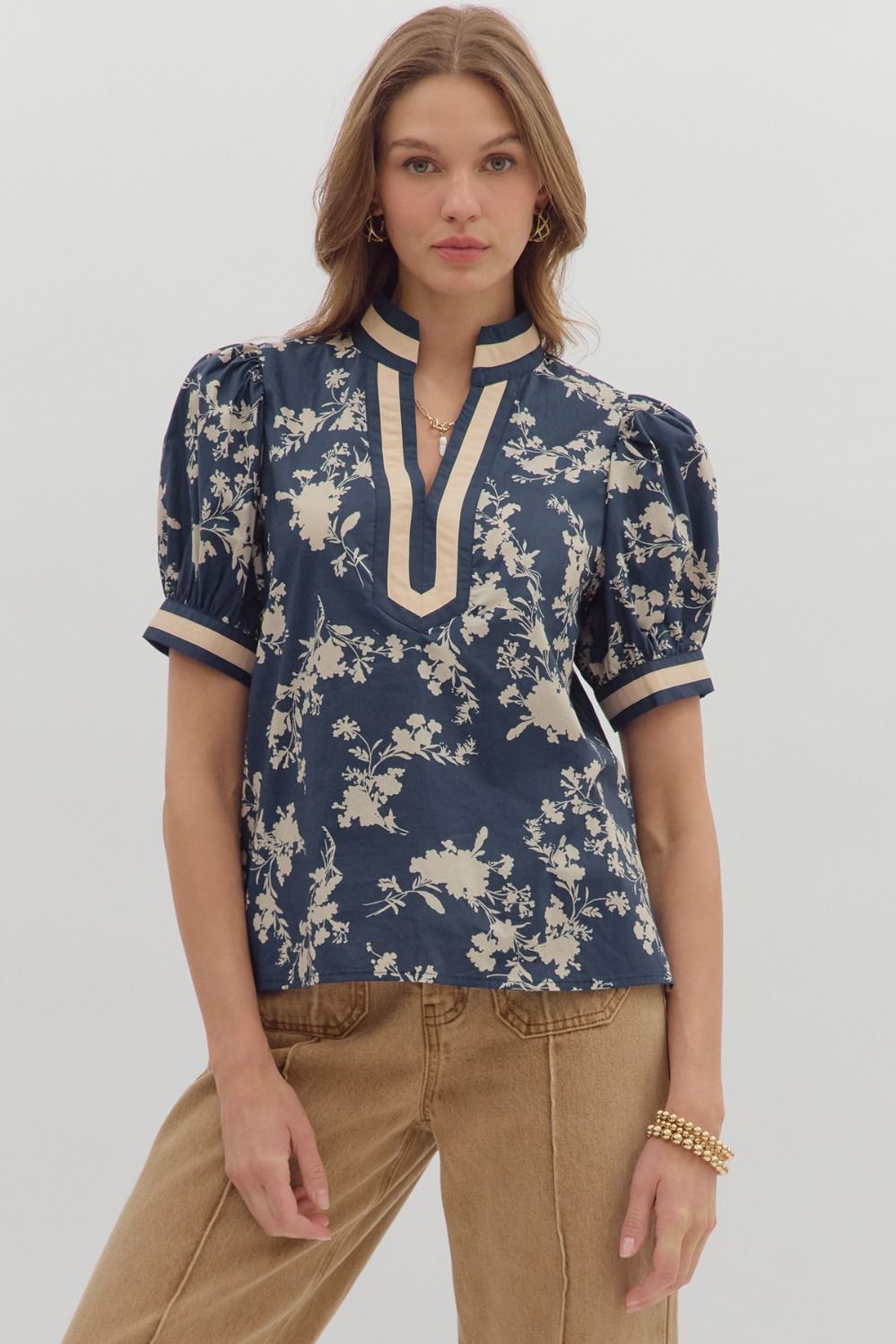 Midnight blue v neck collared top with puff