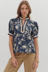 Midnight blue v neck collared top with puff