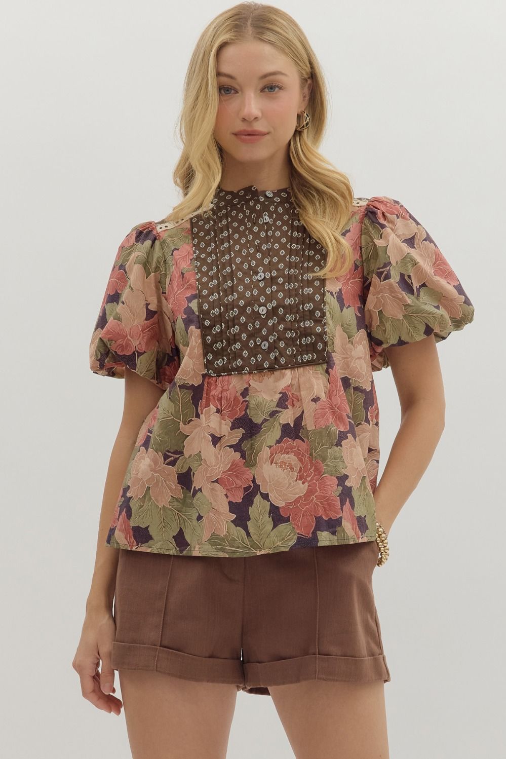 Floral print brown cotton top