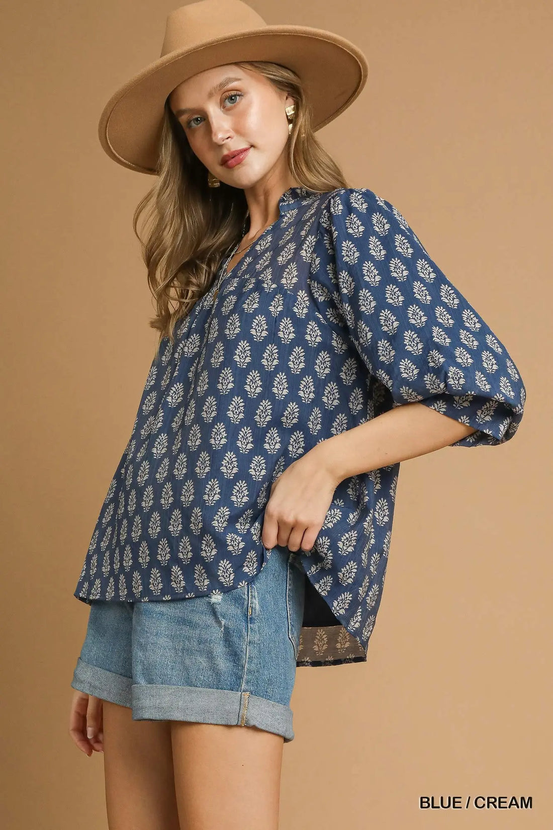 Floral print v split blouse 