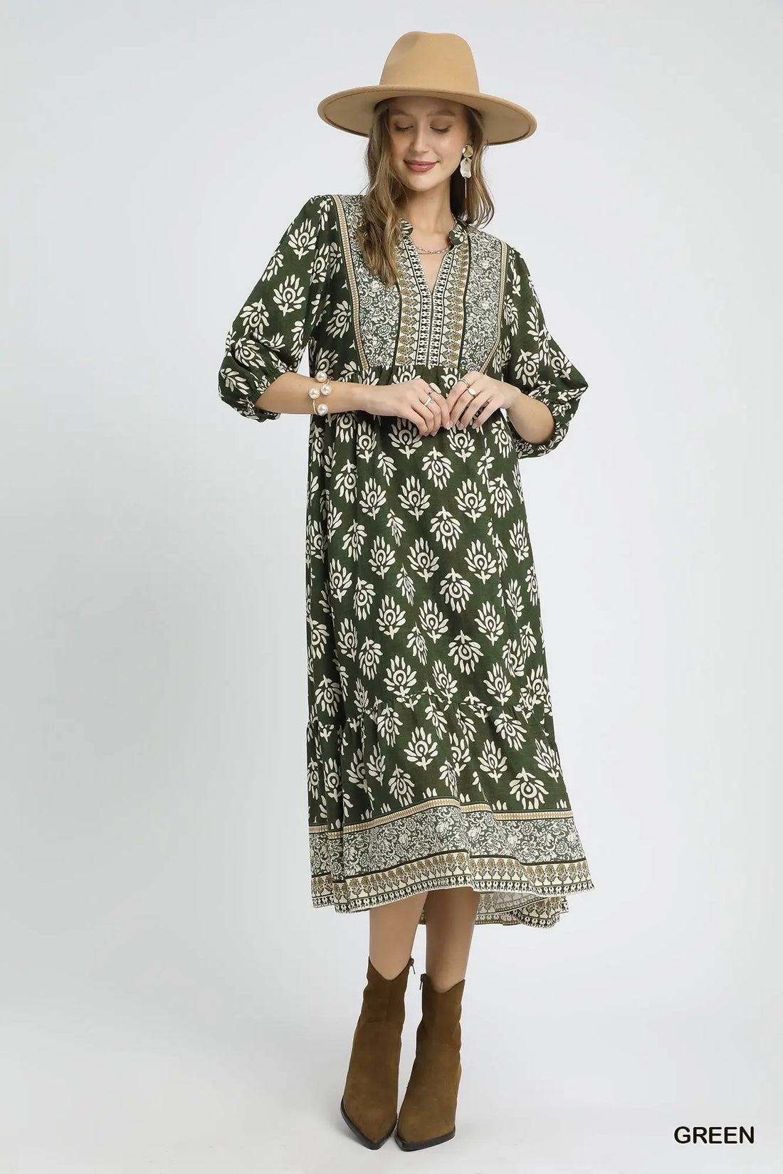 Green cotton long 3/4 sleeve print dress