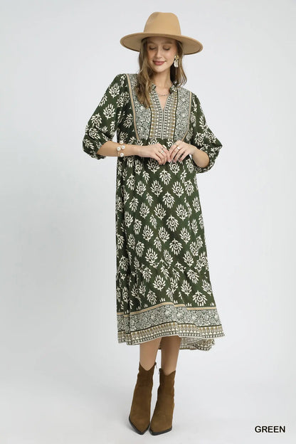 Green cotton long 3/4 sleeve print dress