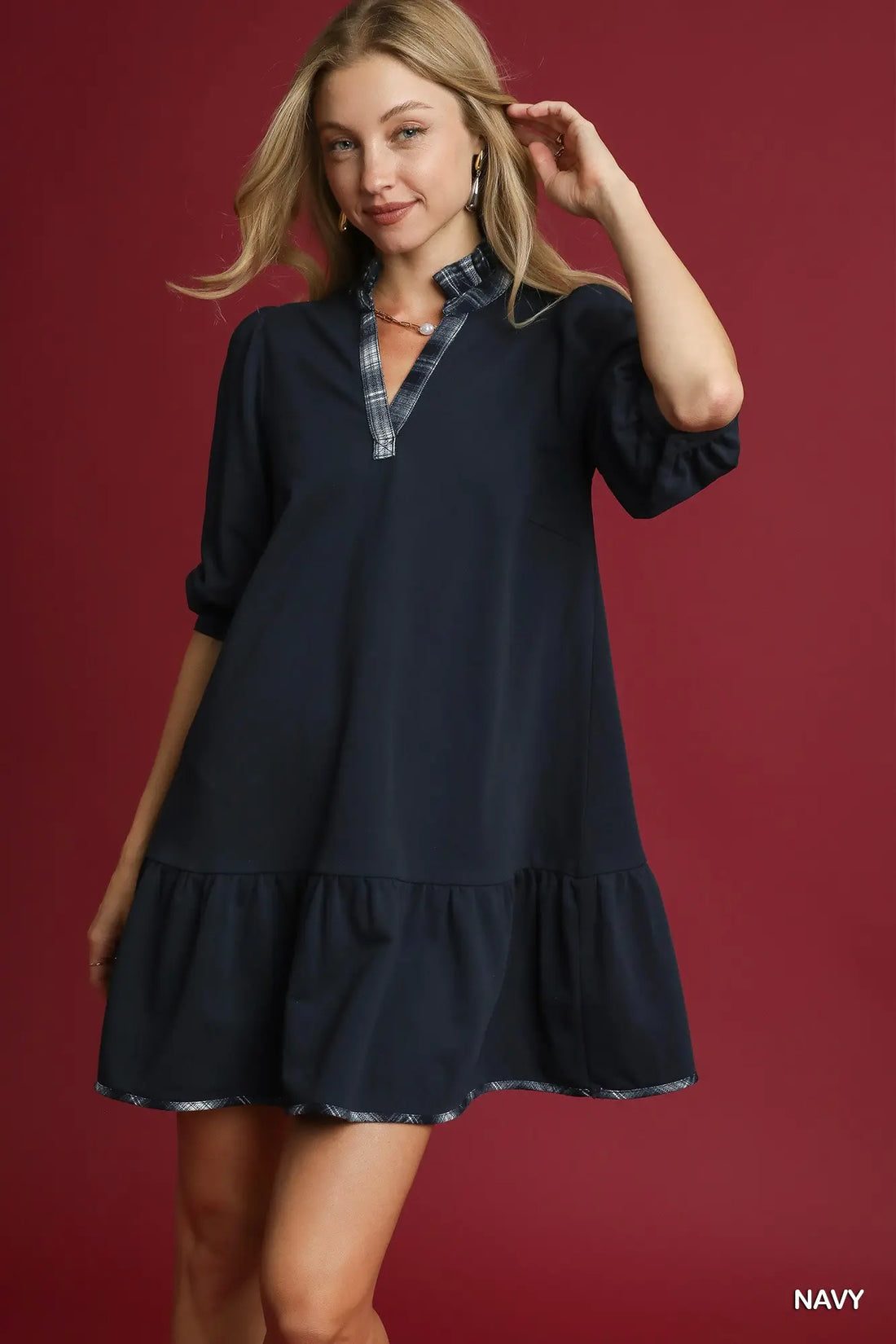 3/4 sleeve mini dress with plaid b neck outline 
