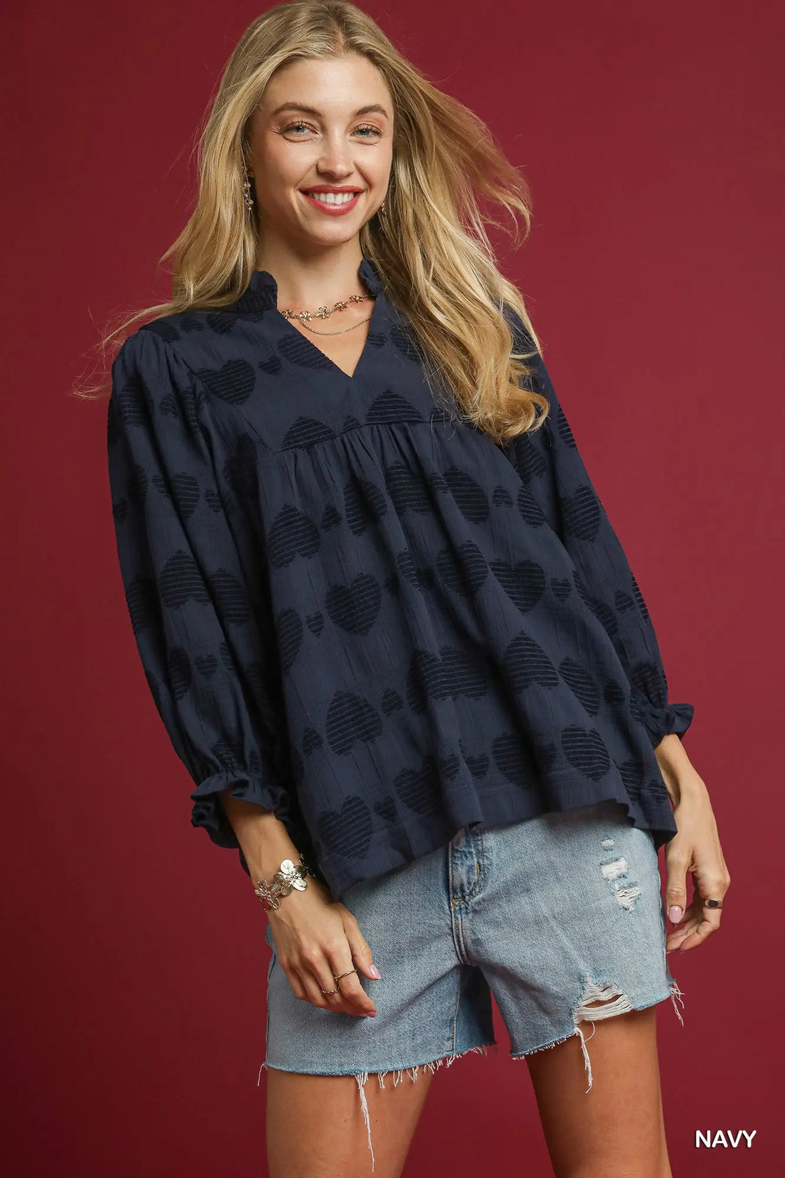 Navy v neckline long sleeve heart blouse top 