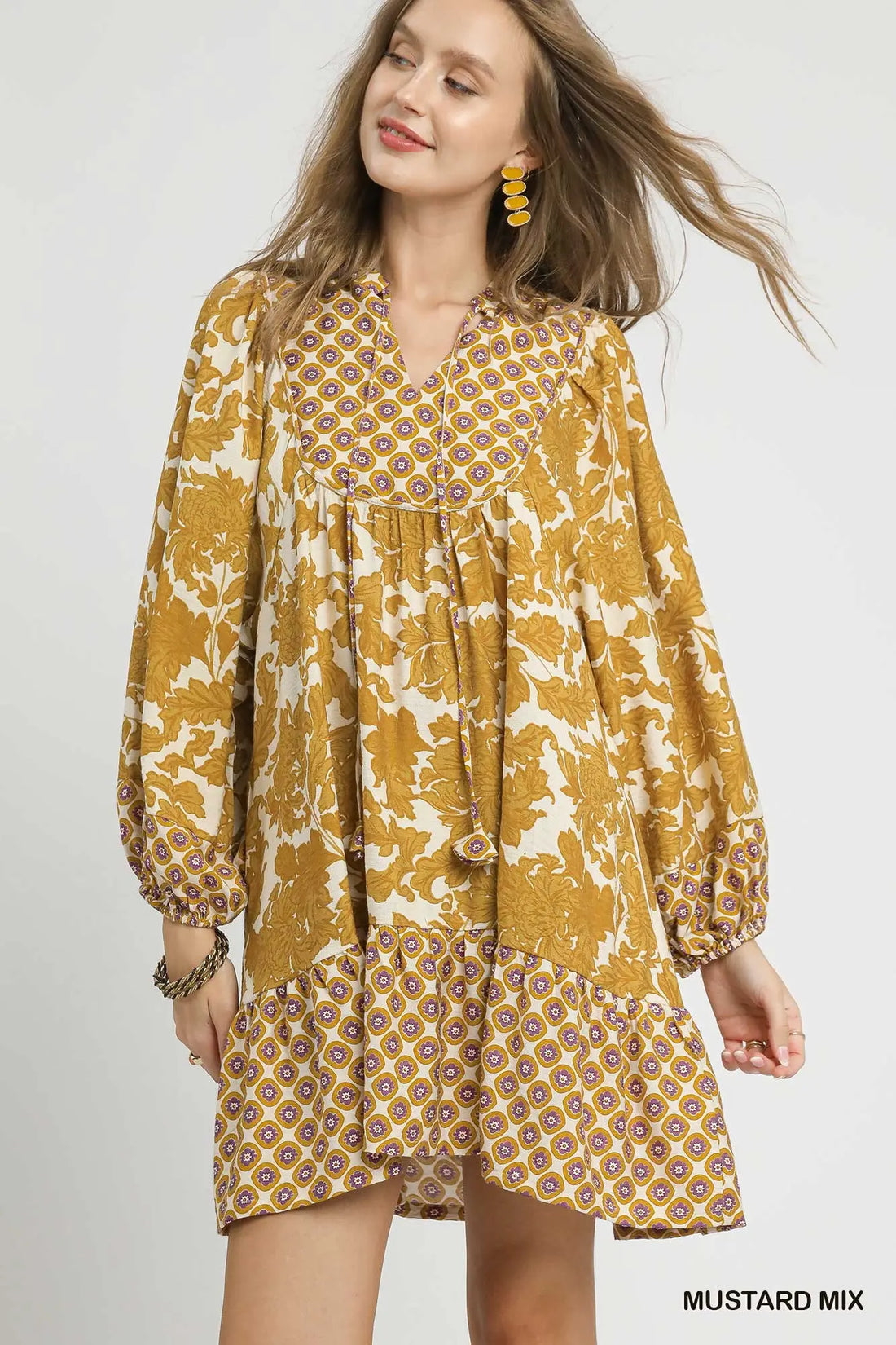 Mustard yellow v neck split long sleeve flowy dress 