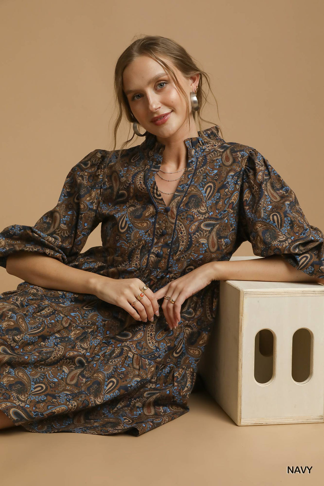 Navy paisley mix v neck 3/4 sleeve dress 