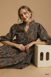 Navy paisley mix v neck 3/4 sleeve dress 
