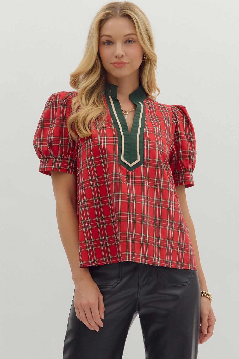 Red plaid puff sleeve blouse 