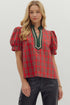 Red plaid puff sleeve blouse 
