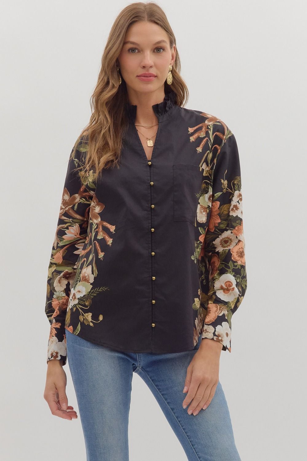 Elegant black blouse with autumn florals and button-down front