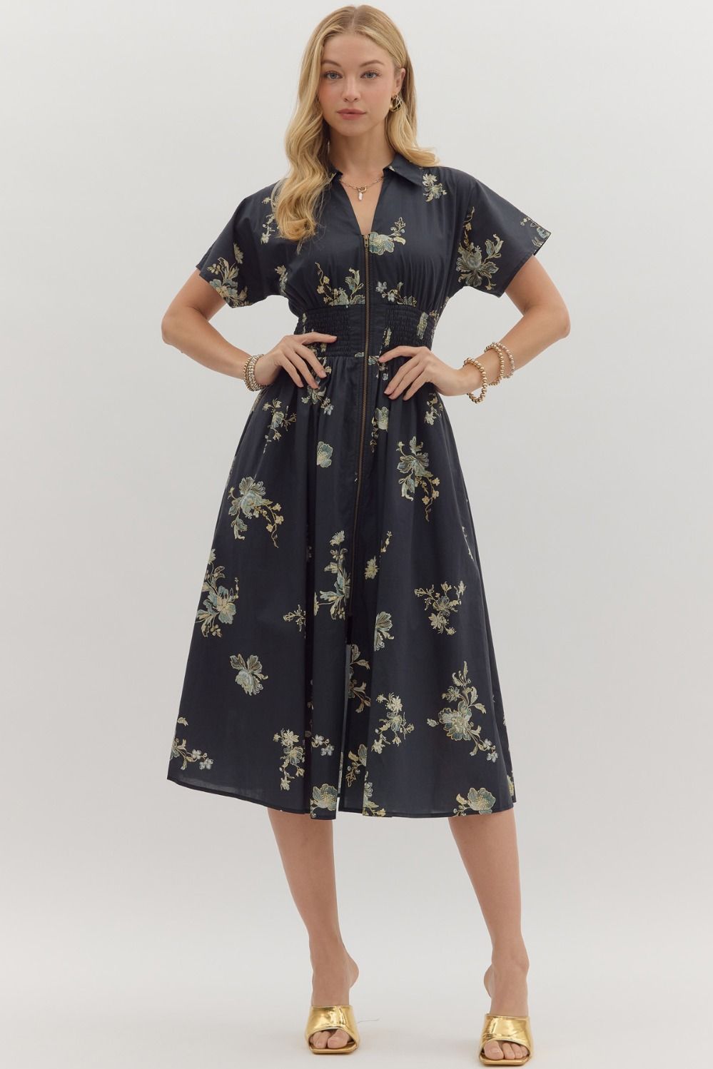 Black floral zip front collared midi dress
