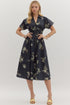 Black floral zip front collared midi dress