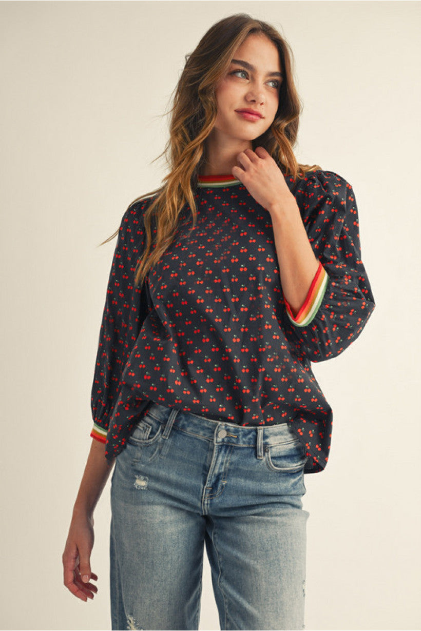 Cherry print puff sleeve 3/4 sleeve top