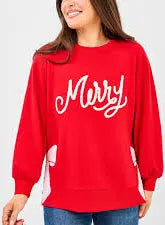 Red sweatshirt with white embroidered “Merry” script across the front, balloon sleeves, and side bow details.