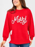 Red sweatshirt with white embroidered “Merry” script across the front, balloon sleeves, and side bow details.