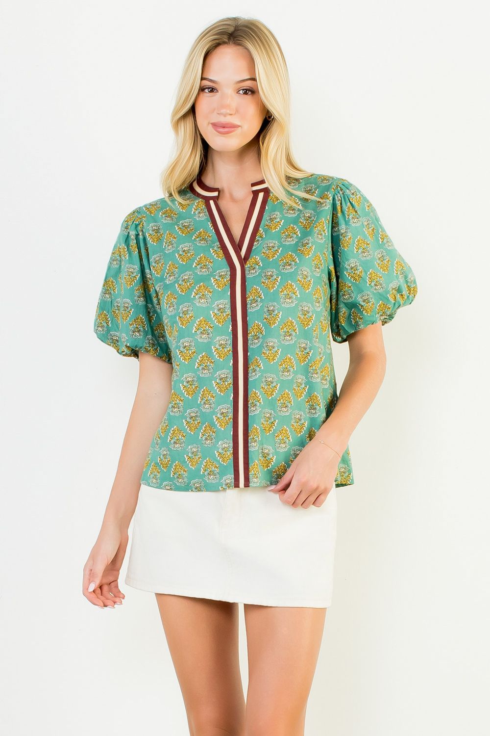 Willow Glen Top in teal with golden floral print, burgundy trim neckline, and puff sleeve
