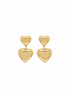 Gold heart-shaped earrings on a branded card with &