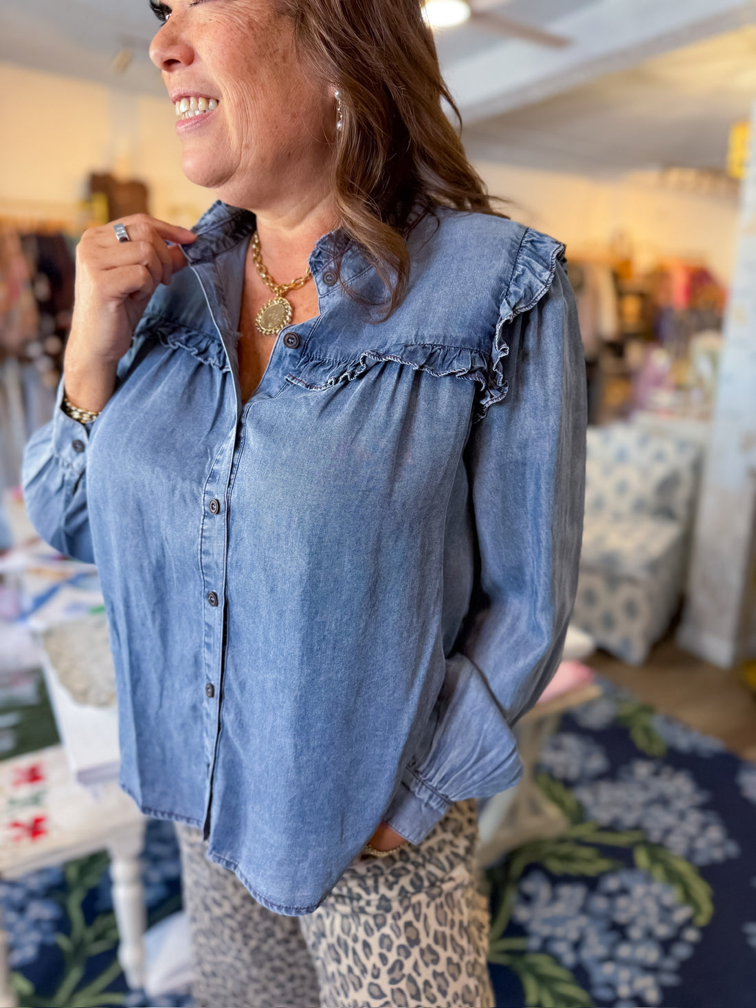 Bluebird Ruffle Denim Top Fate