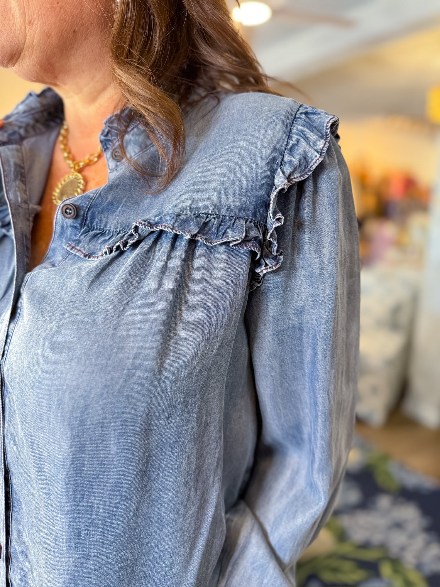 Bluebird Ruffle Denim Top Fate