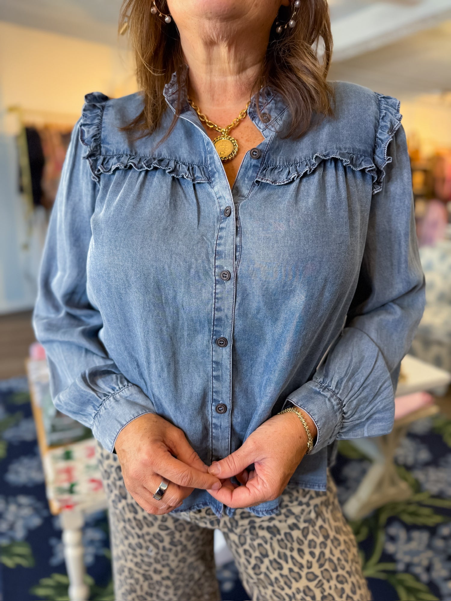 Bluebird Ruffle Denim Top Fate