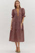 Geometric floral print midi dress with puff sleeves, green contrast trim notched neckline, and relaxed fit