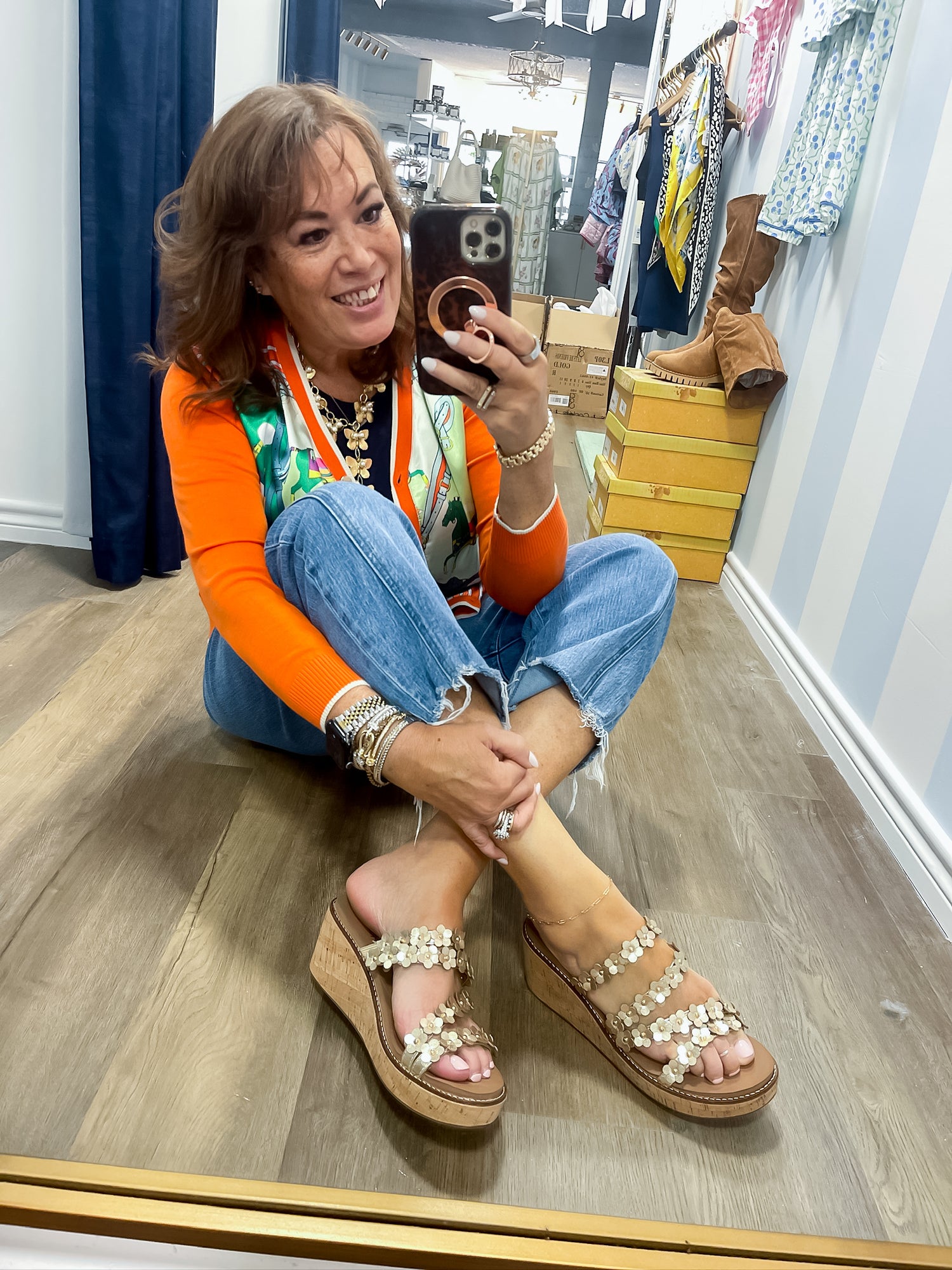 Let’s Be Friends Gold Floral Wedge Sandal Corkys