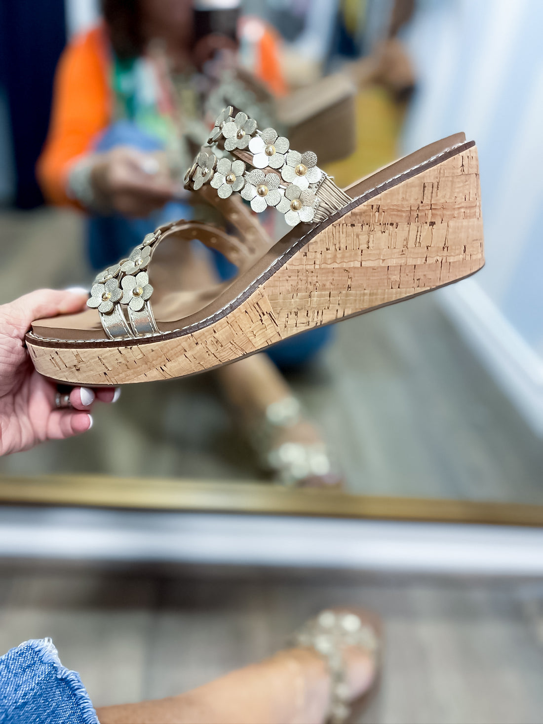 Let’s Be Friends Gold Floral Wedge Sandal Corkys