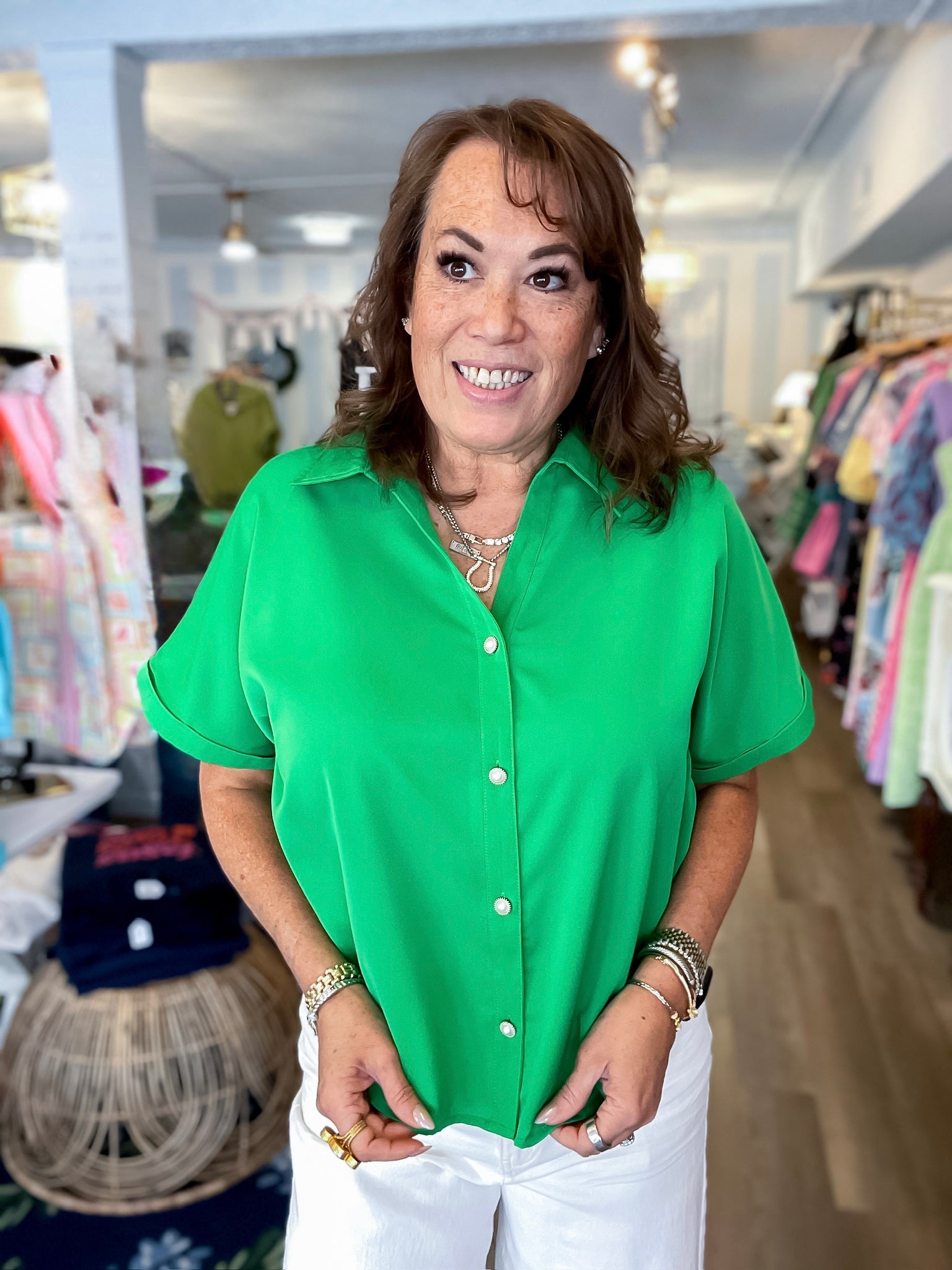 Pretty in Green Pearl Button Top Jodifl