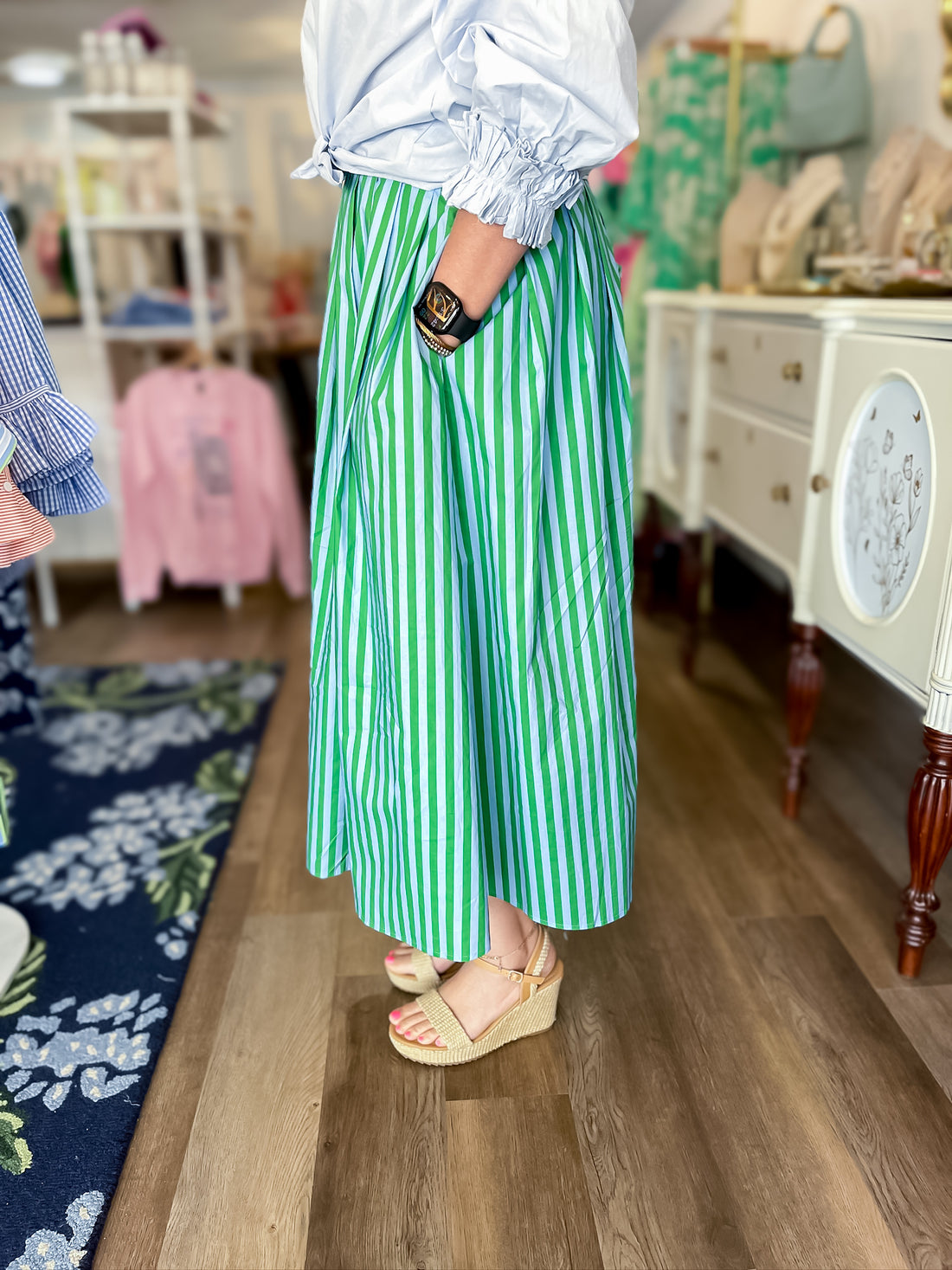 Springline Stripe Midi Skirt-Emerald Stripe Entro