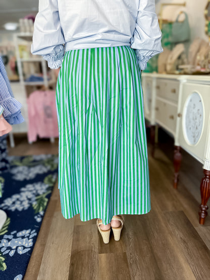 Springline Stripe Midi Skirt-Emerald Stripe Entro