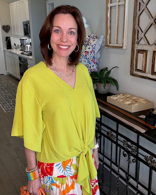 front-tied top with playful kimono sleeves and a trendy v-neck