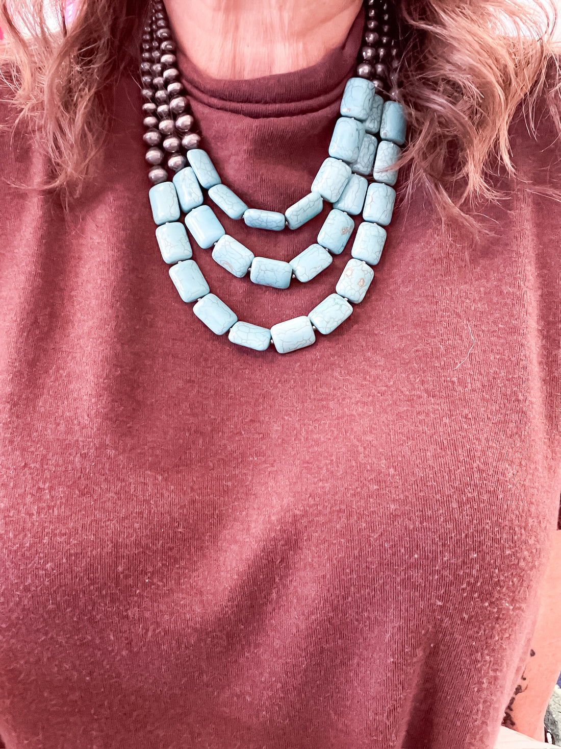 Layered Faux Turquoise Block Necklace SW Trading