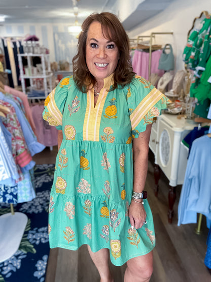 Mint Blooms Scallop Tiered Dress Umgee