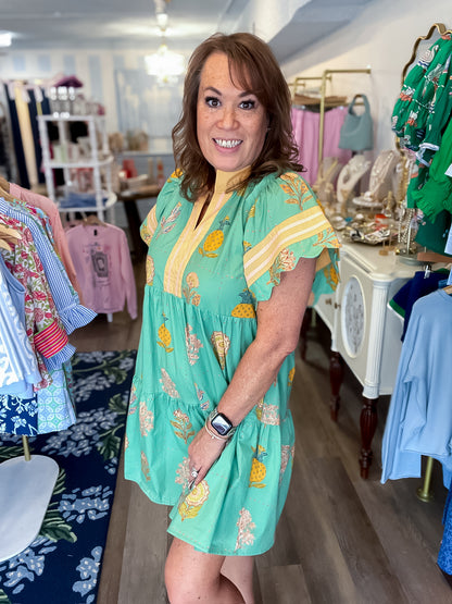 Mint Blooms Scallop Tiered Dress Umgee