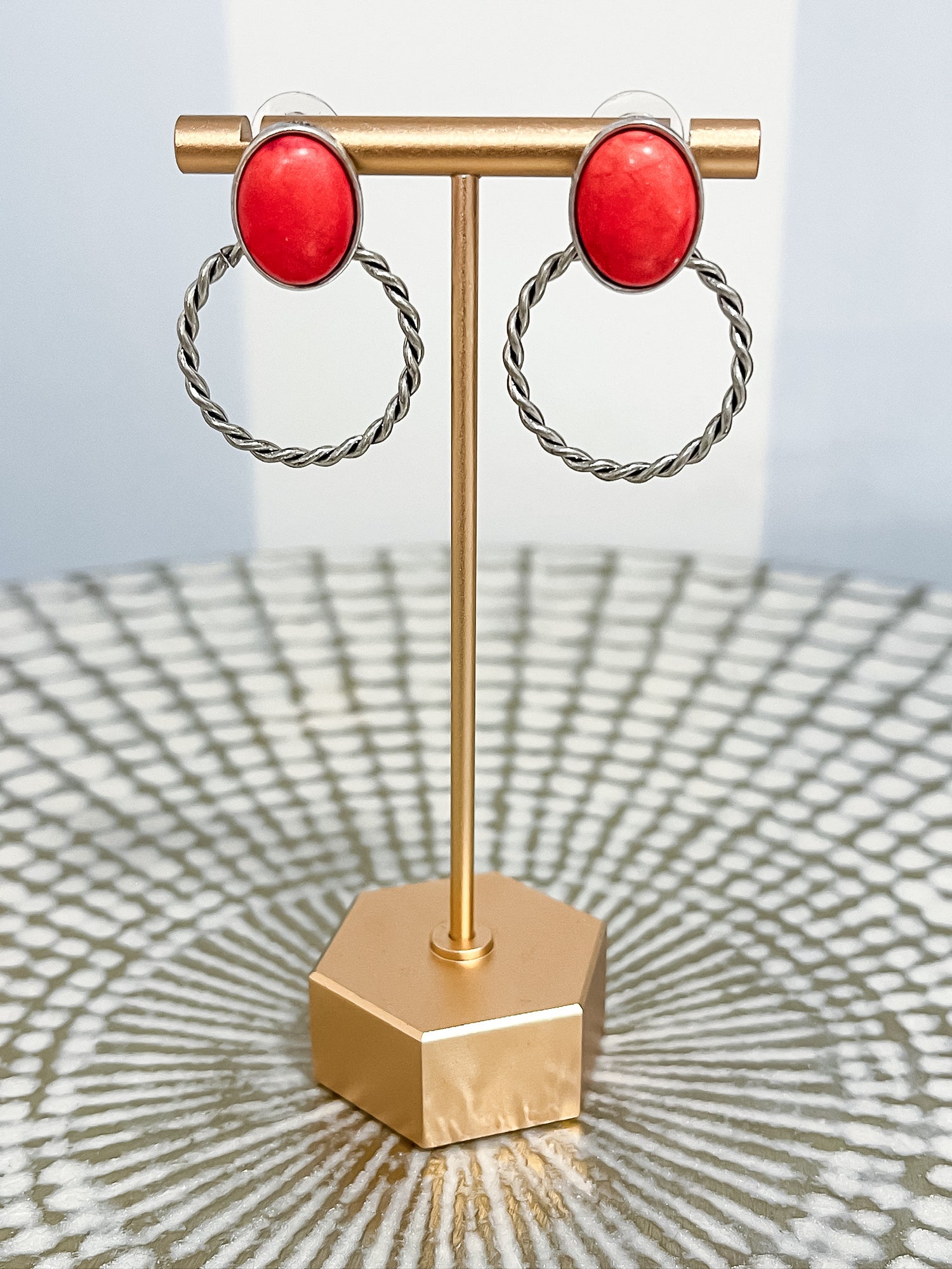 Red Stone Twisted Hoop Earrings SW Trading