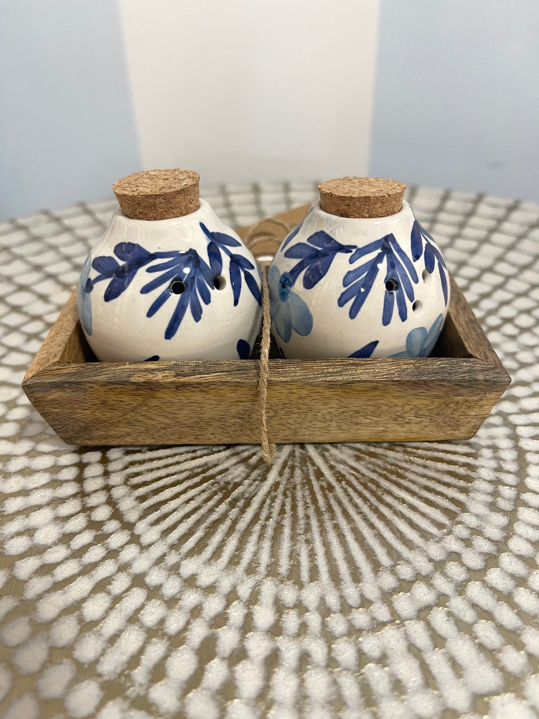 Blue Salt &amp; Pepper Shakers with Wood Tray Mudpie