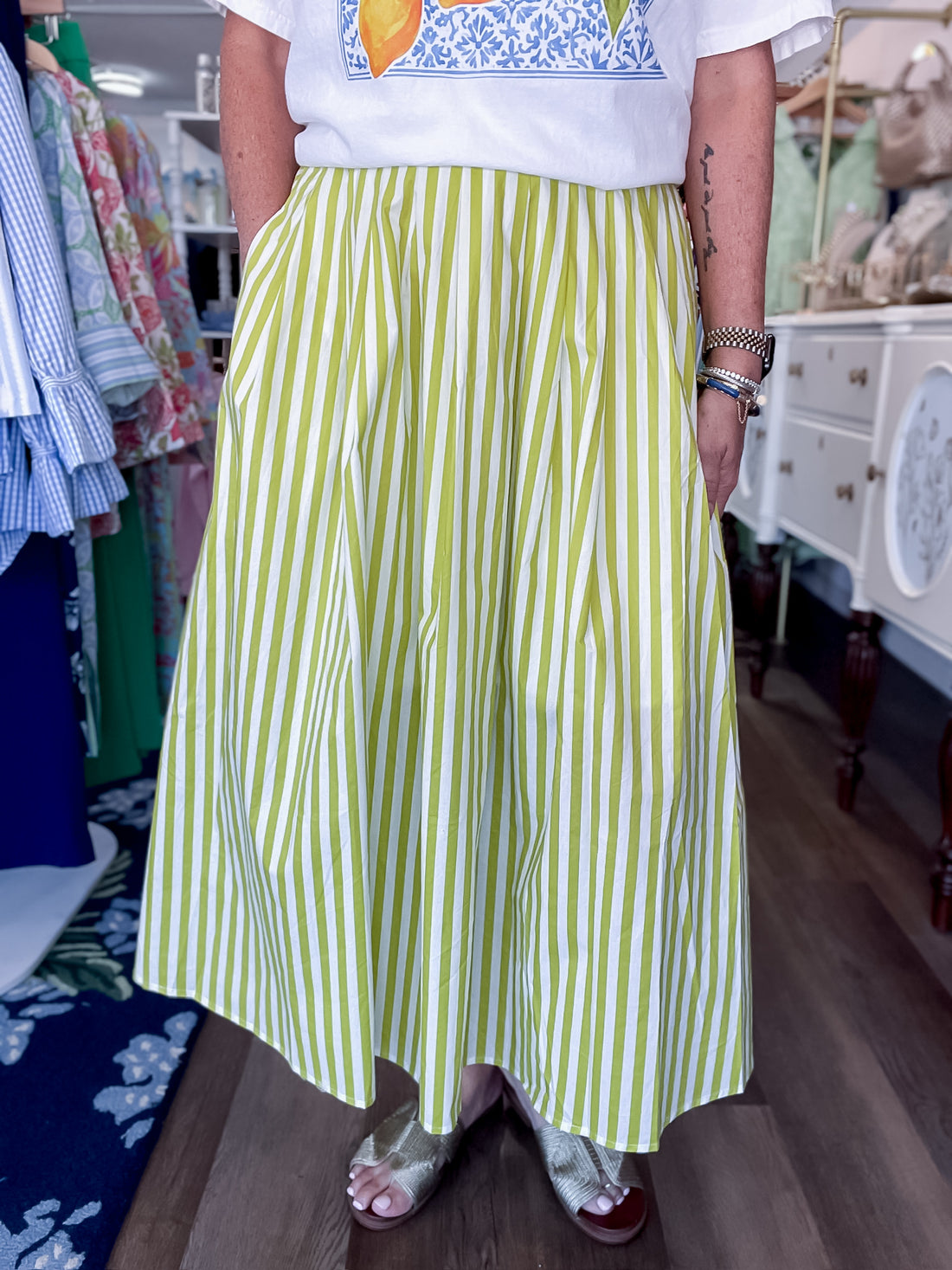 Springline Stripe Midi Skirt- Limeade Entro