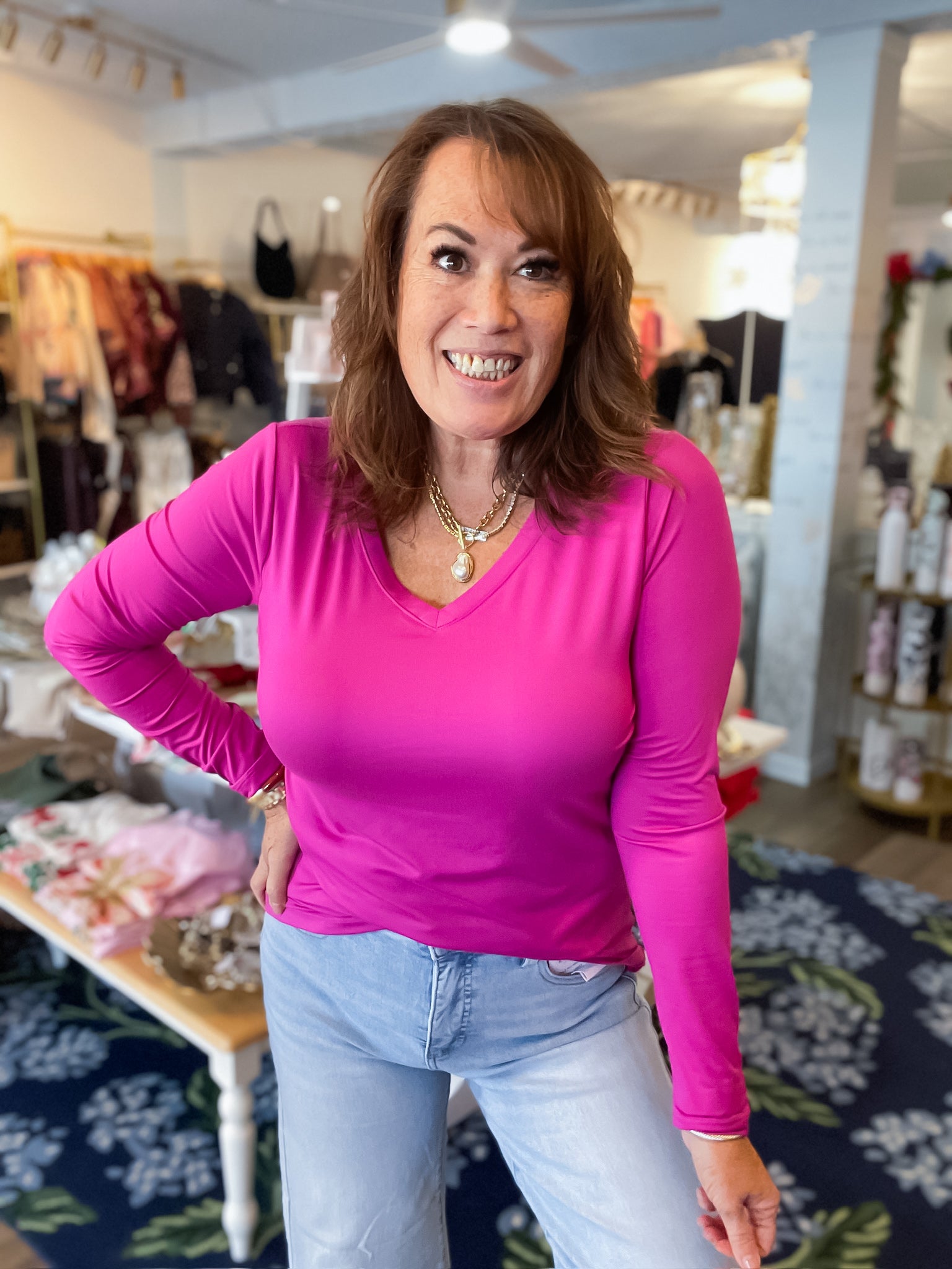 BlissSoft V-Neck Long Sleeve Tee — Magenta Threads of Grace