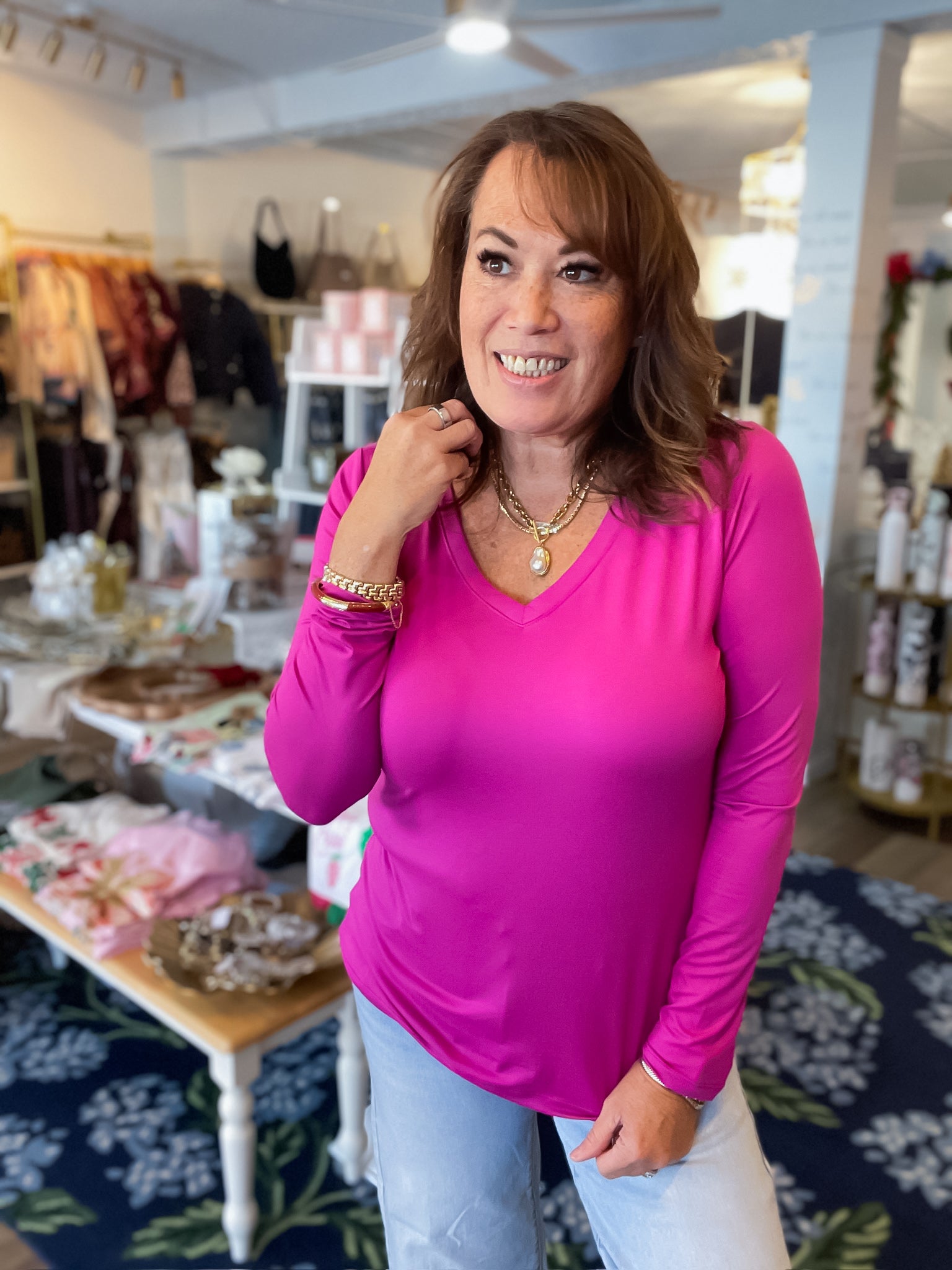 BlissSoft V-Neck Long Sleeve Tee — Magenta Threads of Grace