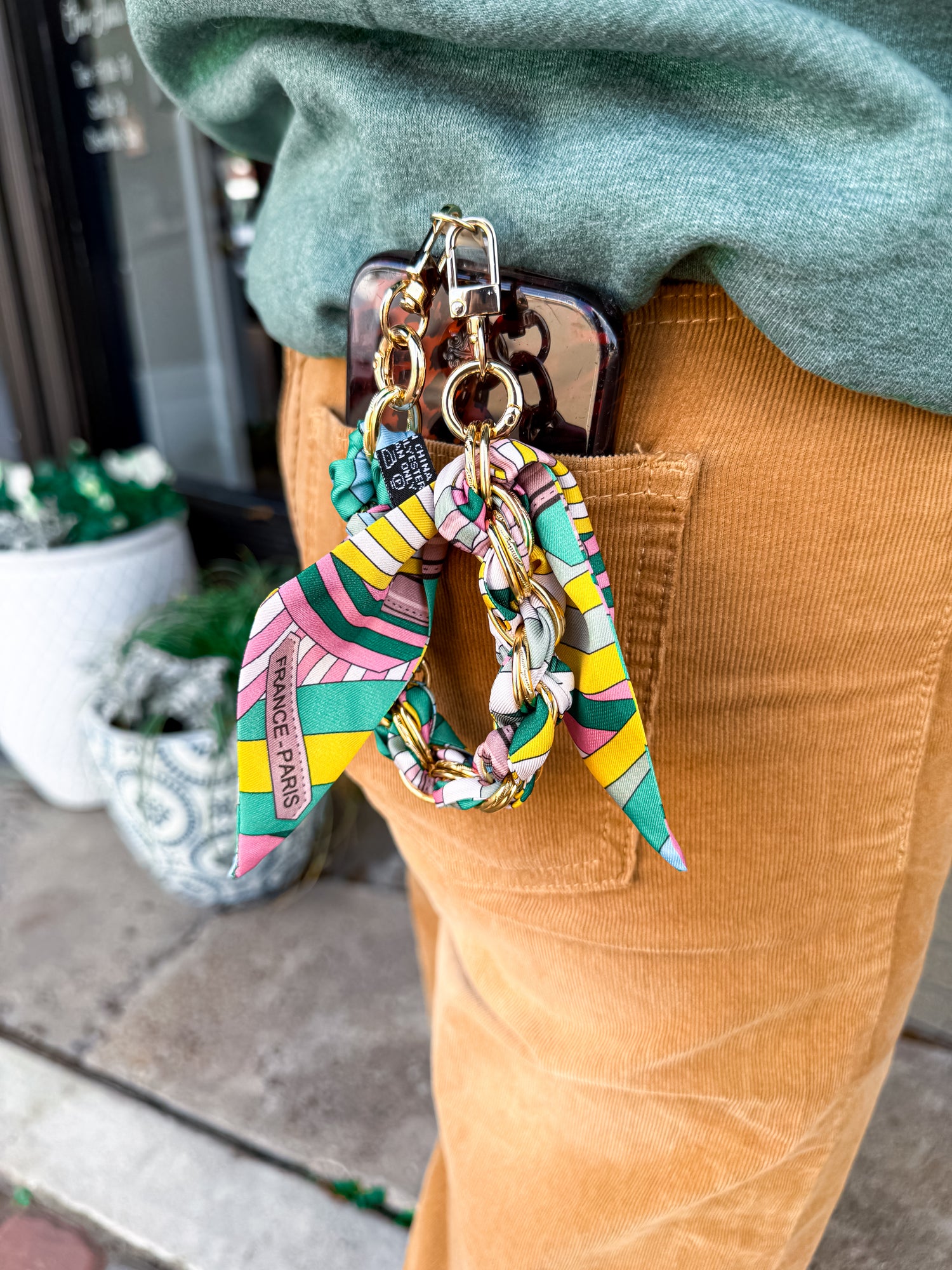 Gold Phone Chain with Pastel Stripe Print - Short TTT Gemelli