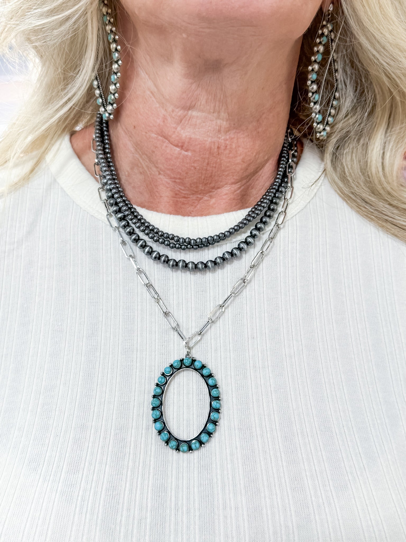 Layered Silver &amp; Turquoise Pendant Necklace SW Trading