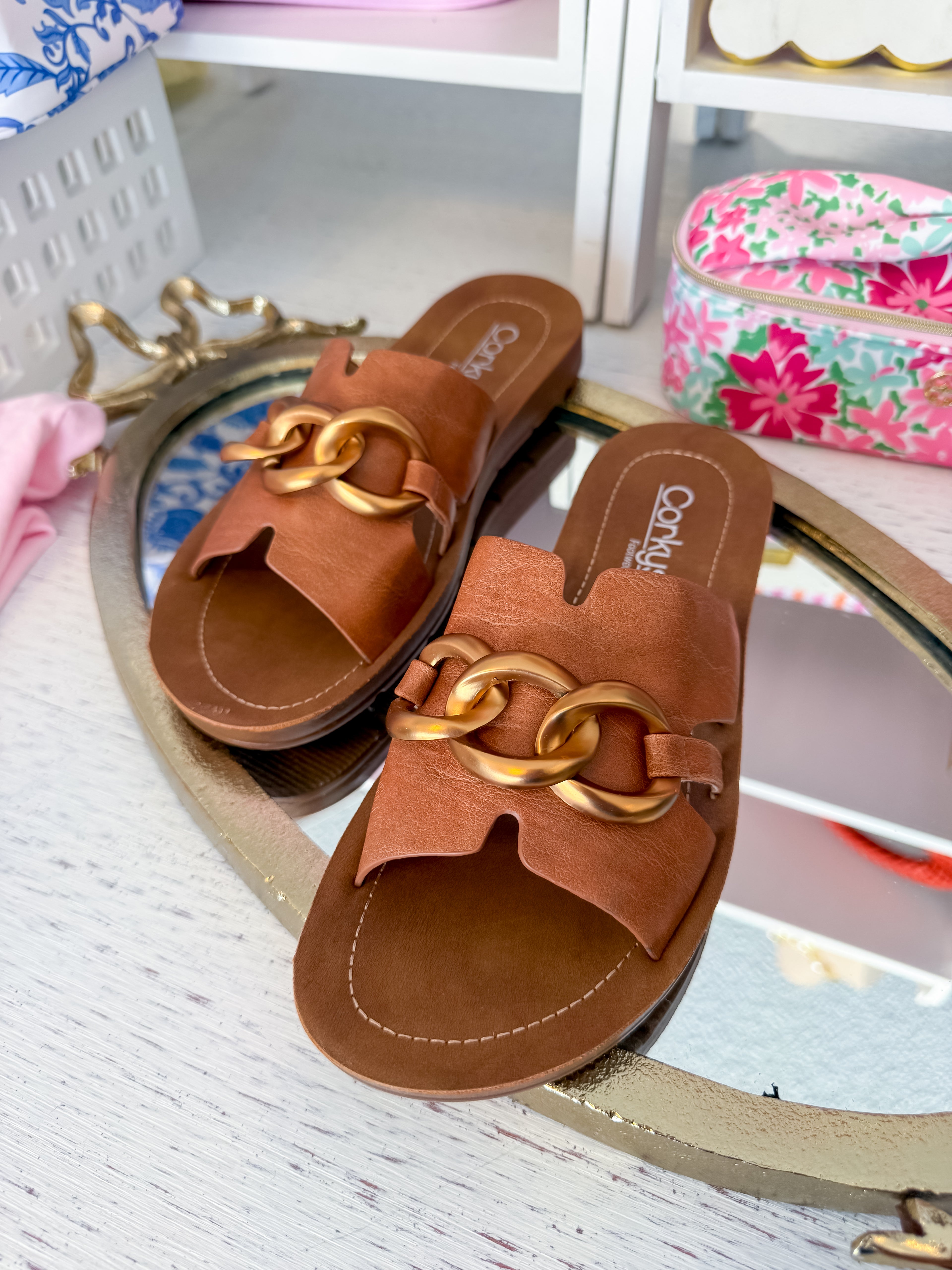 Chain Letter Sandal - Cognac Corkys