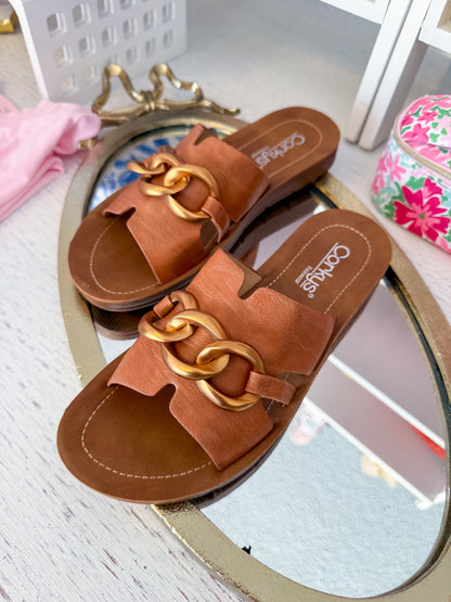 Chain Letter Sandal - Cognac Corkys