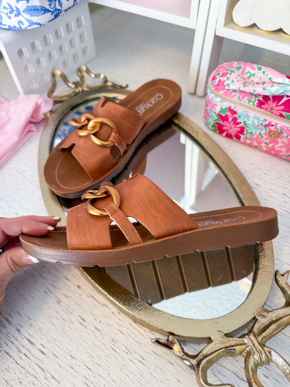 Chain Letter Sandal - Cognac Corkys