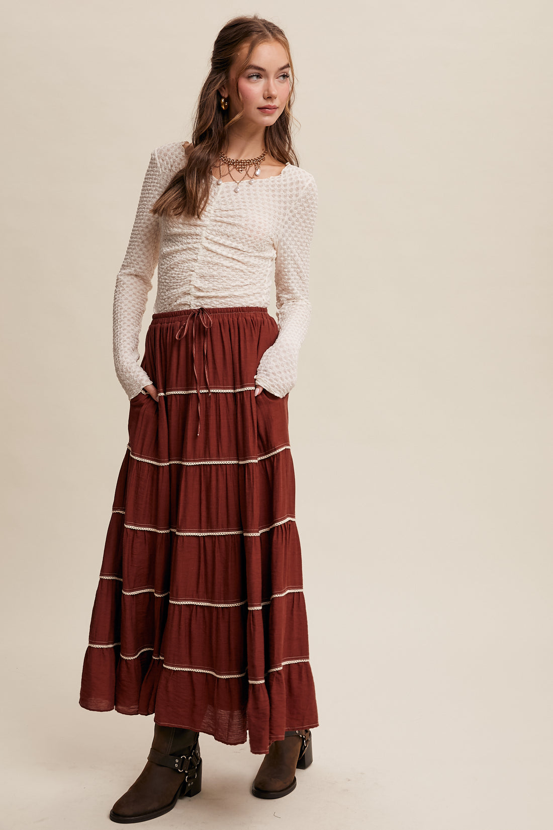 Long sleeve stretchy breathable top, beige.